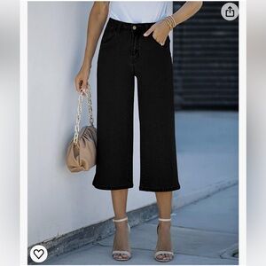 Wide Leg Capri Jeans for Women High Waisted Stretch Cropped Baggy Denim‎ 2X
